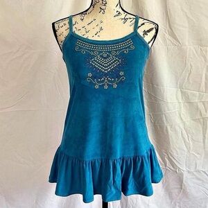 Blue Spaghetti Strap Ruffle Hem Tank Top